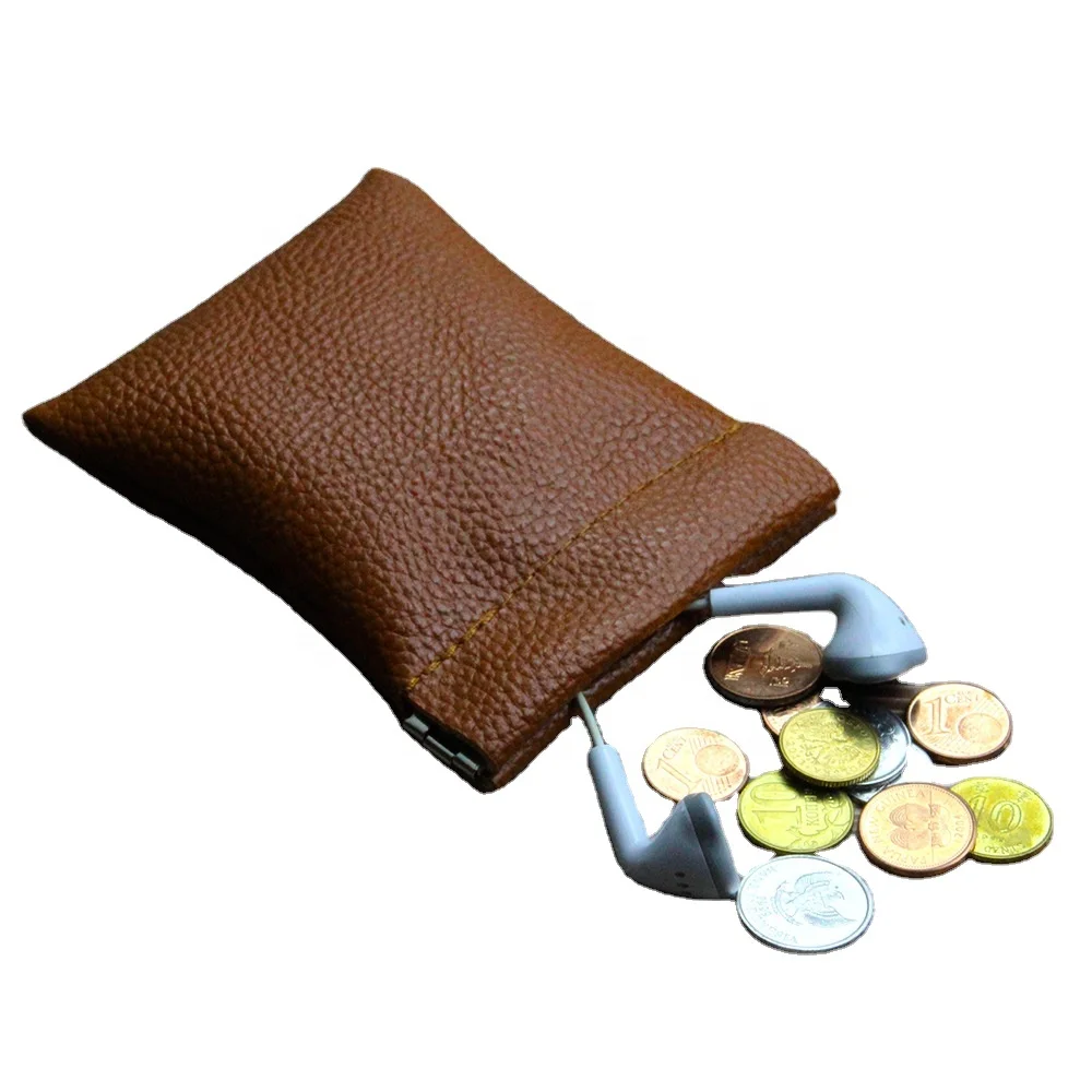 Portable leather squeeze coin purse earphone pouch  for men