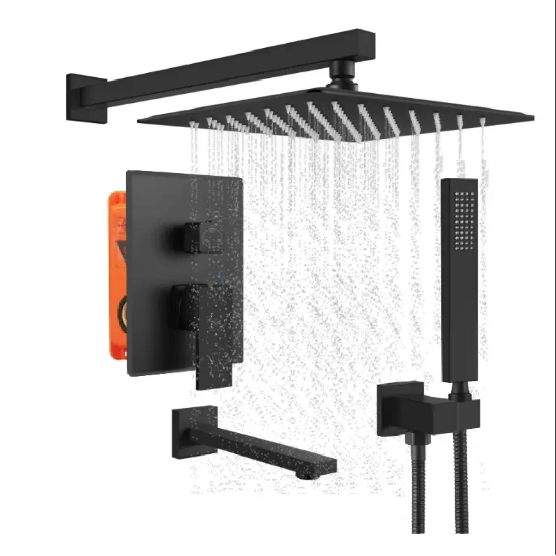 3 Function Black Shower Faucet Set with Valve and Trim Rainfall Shower System Shower Set