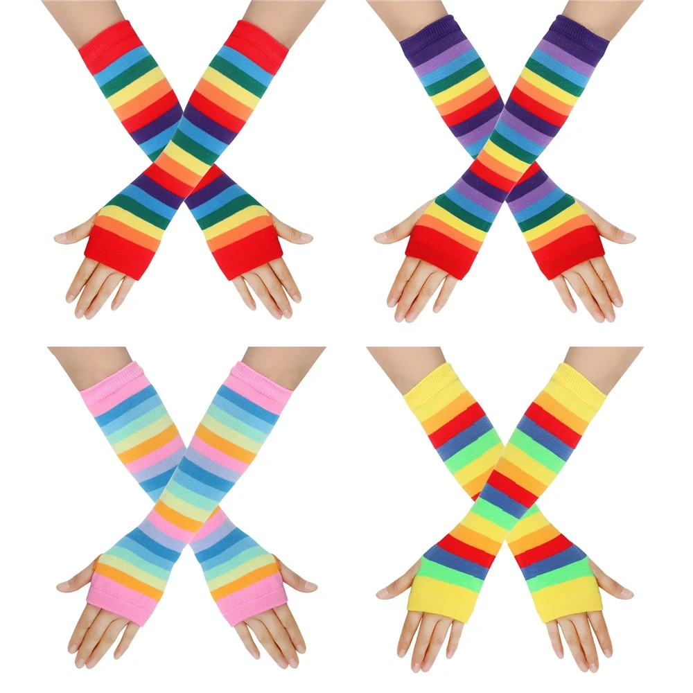 rainbow striped long arm warmer fingerless gloves mittens
