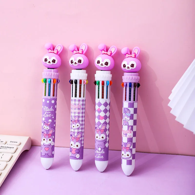 RTS Cartoon kawaii purple rabbit design 10 in 1 multi color ballpoint pen for kids