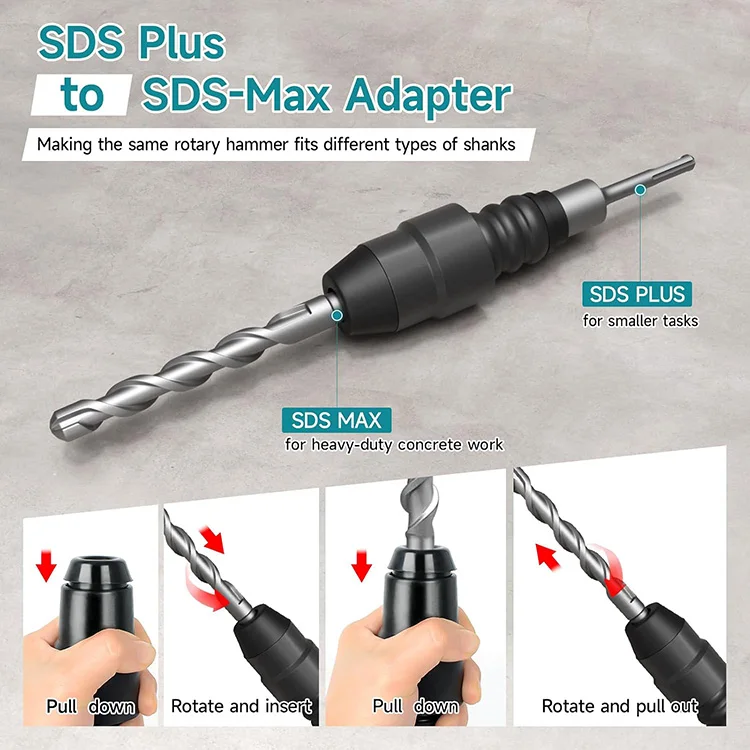 SDS-Plus to SDS-Max Adapter for Rotary Hammers - 8-1/4 Inches Long Black Alloy Steel Adapter