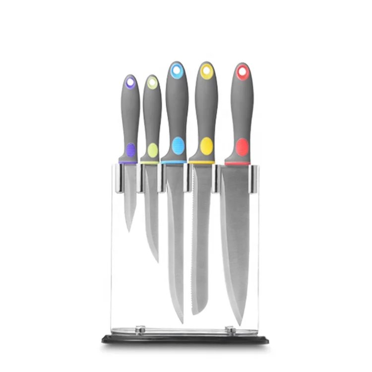 Chinese Professional Cheap 6Pcs Colorful Stainless Steel Kitchen Knife Set with Block