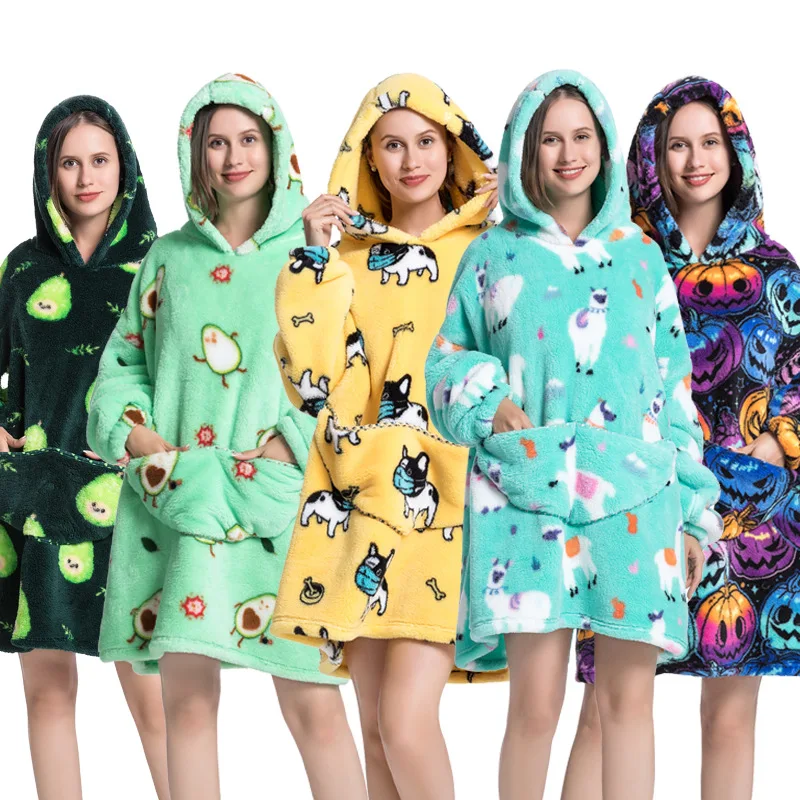 2023 Wearable Blanket Hoodie Fleece Multiple Patterns Oversized Hoodie Blanket For Adult And Children