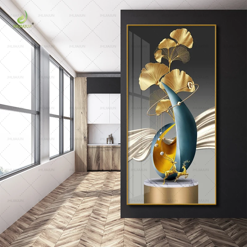 Luxury high-definition printing home decoration canvas painting ginkgo flower crystal porcelain with LED light mural