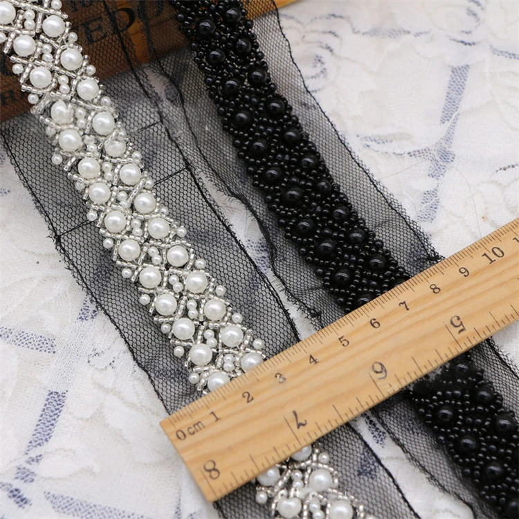 Wholesale High Density Pearl Flower Beads Lace Edge Trim Ribbon French Tulle Lace For For Sewing Evening Dress Handbags