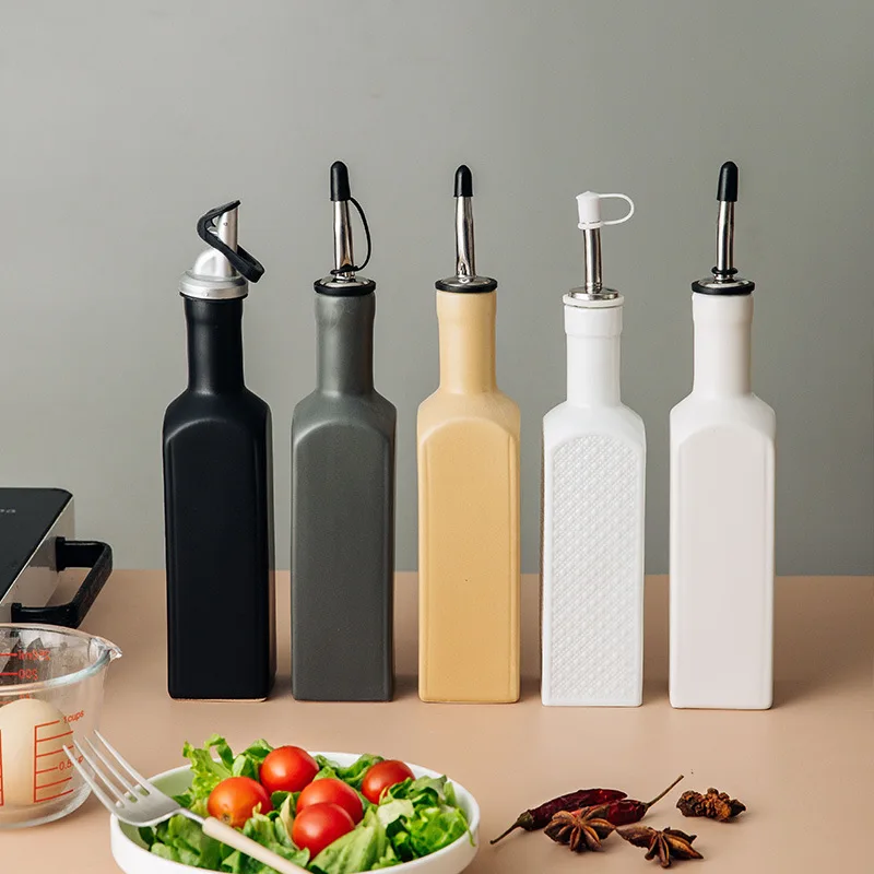300 ml Square Ceramic Oil Bottle Leakproof Kitchen Oil Pot with Lid Durable Vinegar Oil Bottle Seasoning Bottle