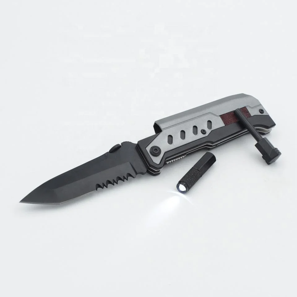 Wholesale Aluminium Handle Blackening Blade Camping Survival Folding Pocket Knife with Fire Starter and Flashlight