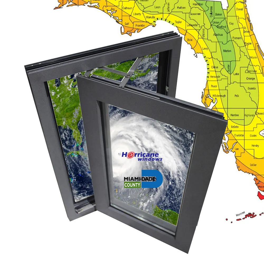 Customized Aluminum Hurricane Impact Insulation Laminated triple glazed casement window with fixed panels for villa