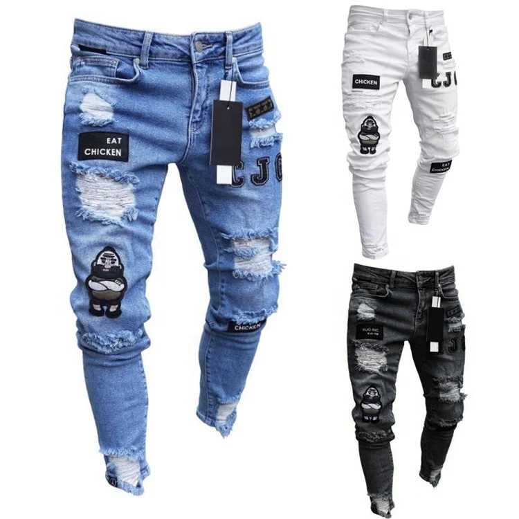 Wholesale Distressed Destroyed Badge Pants Art Patches Design Slim Biker Jeans Slim Trousers Men Jeans Pant Men Trousers