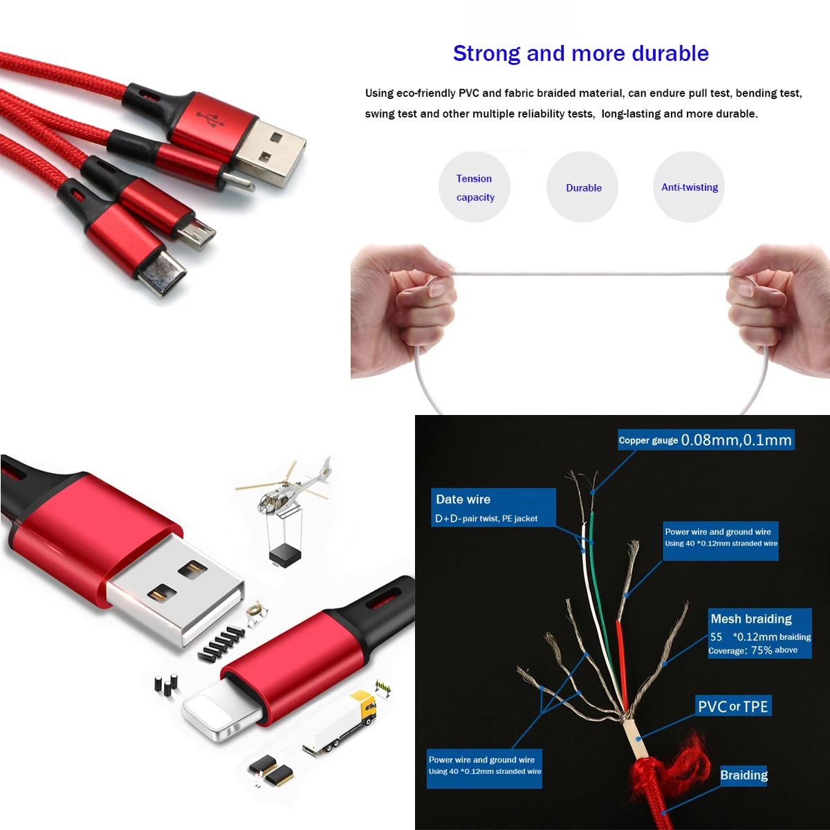 Micro USB Type C Charger Cable Cheap Nylon Braided 3 In 1 Fast Charging Usb Cables