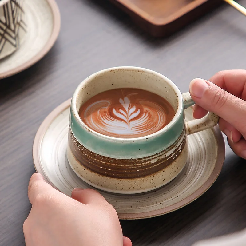 255ml Japanese style Creamic Coffee Mug Handmade Retro Porcelain Breakfast Cup Hand Punch Coffee Cup And Saucer Gift Set
