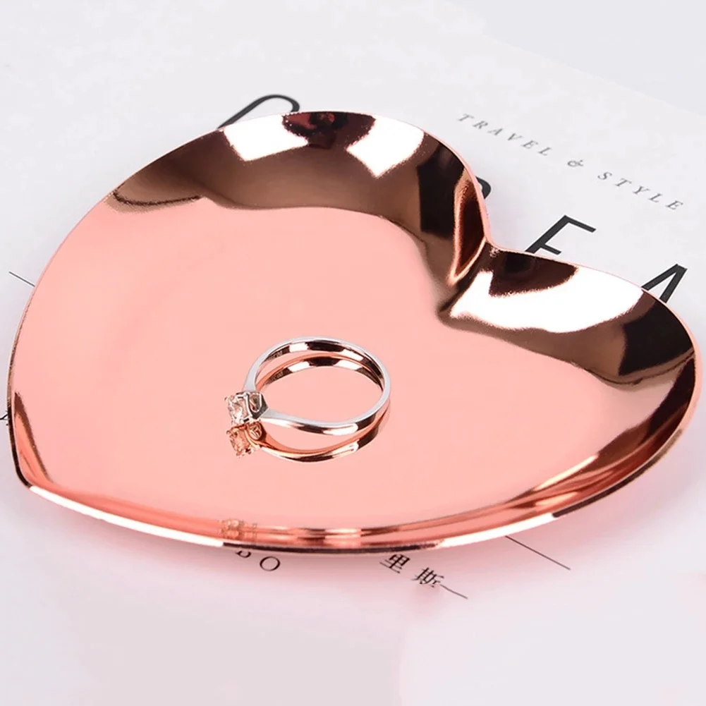 Ins Popular Rose Gold Colorful Metal Stainless Steel Plate Mini Heart Shaped Jewelry Packaging Trays
