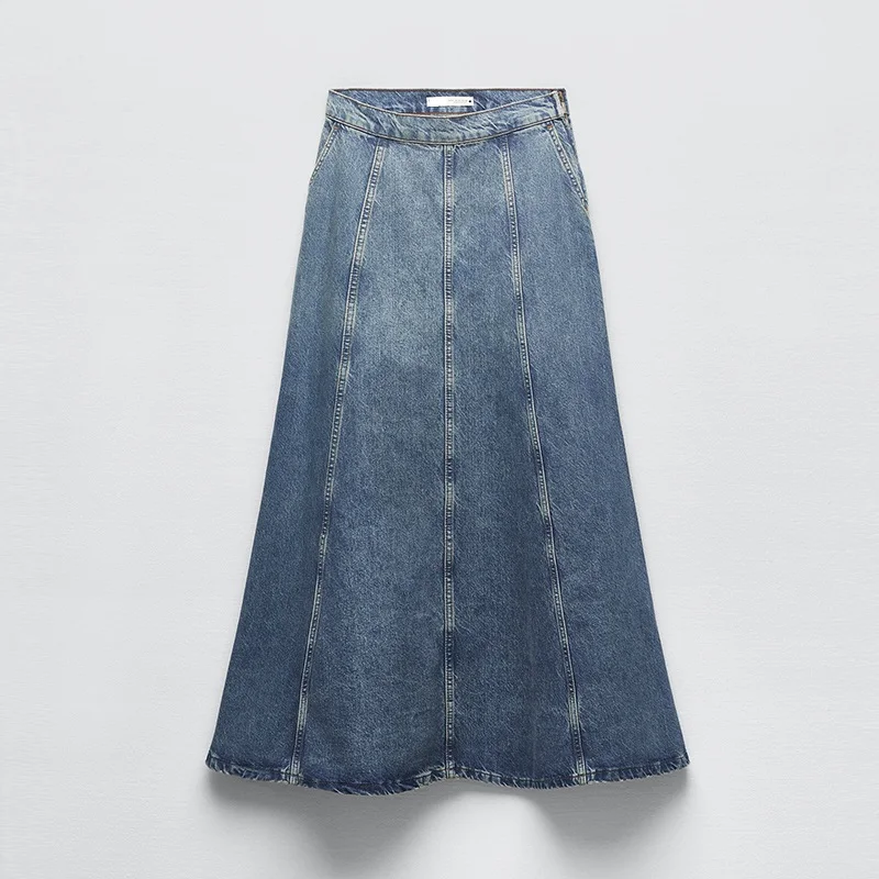 Factory OEM Custom High-Waist Flared Hem 100% Cotton Casual Elastic Long Denim Skirt  For Ladies