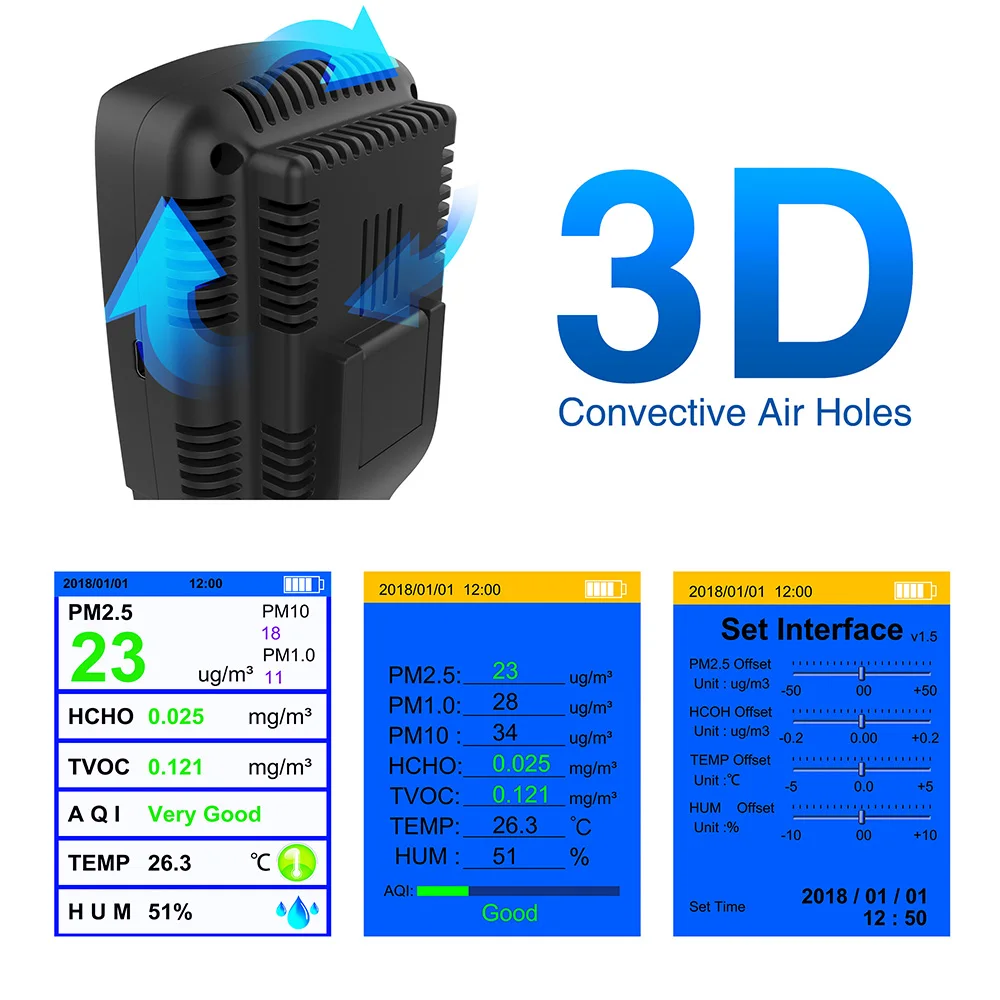 Portable AQI Gas Pollution Meter PM2.5 Formaldehyde PM10 Tester Air Pollution Laser For Car Air Quality Monitor Detector