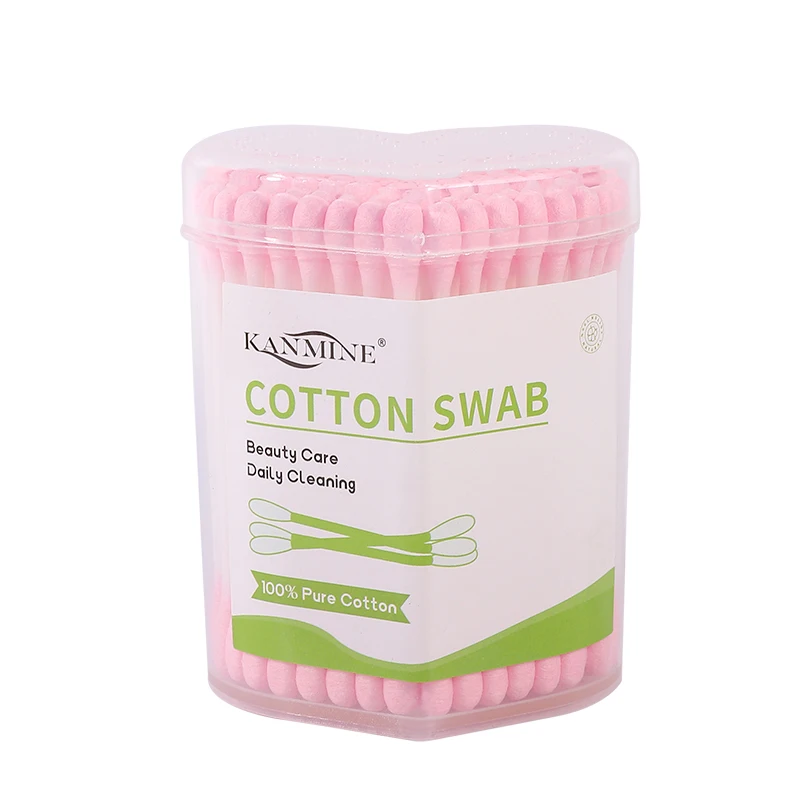 Charming 100 Pieces Double Pink Head Plastic Stick Cotton Bud With Love Box for Daily Use and Thoughtful Gifting
