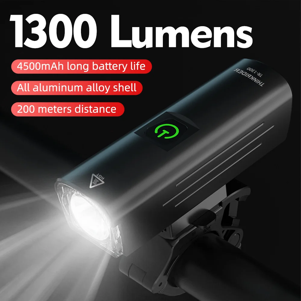 ThinkRider Waterproof 1300 Lumen 4500mAh USB Rechargeable Bike Light Led Front Flashlight Bicycle Light