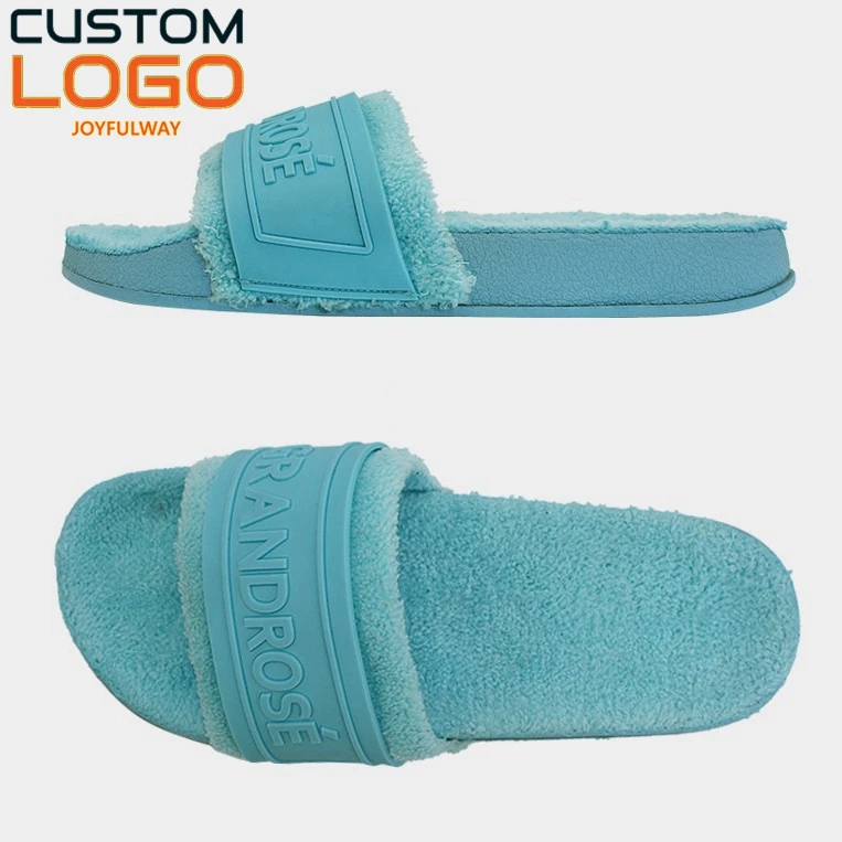 2022 custom logo furry slippers unisex, PVC plush sports indoor outdoor rubber slides slippers custom