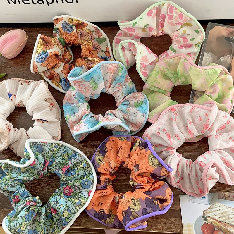 Popular girls  floral elastic rubber hairband princess sweet hair ties  ponytail holder Girls elegant flower hair scrunchies