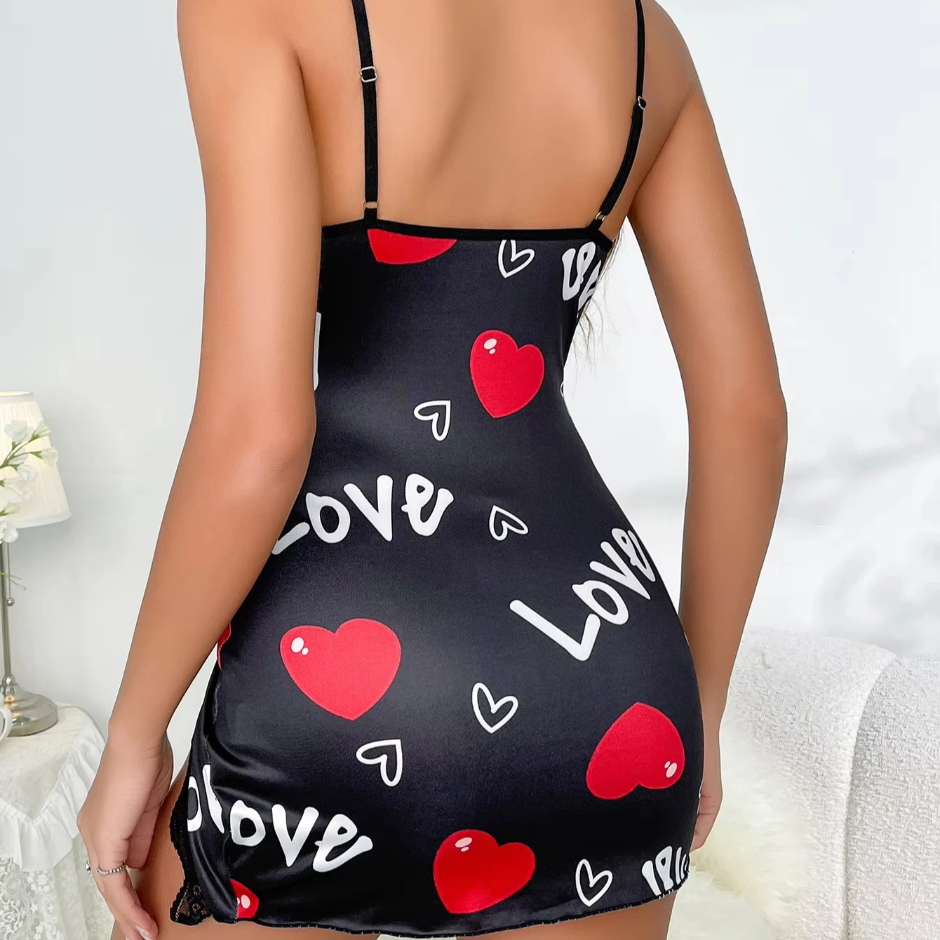 Fun Lingerie Camisole Skirt Set Flirtatious Style With Love Print For Intimate Nights