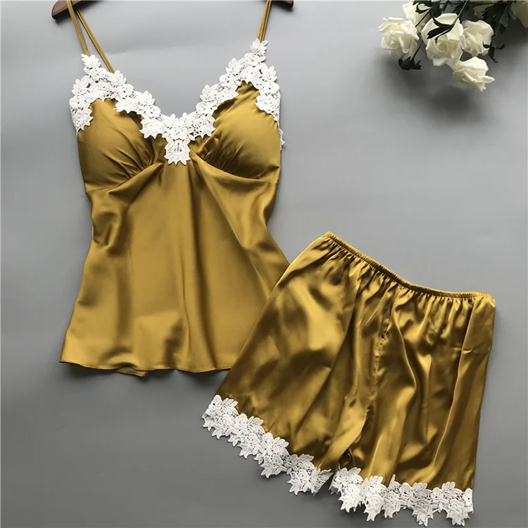 China Supplier Sexy Sleeveless  2 Pieces Satin Pajamas Set