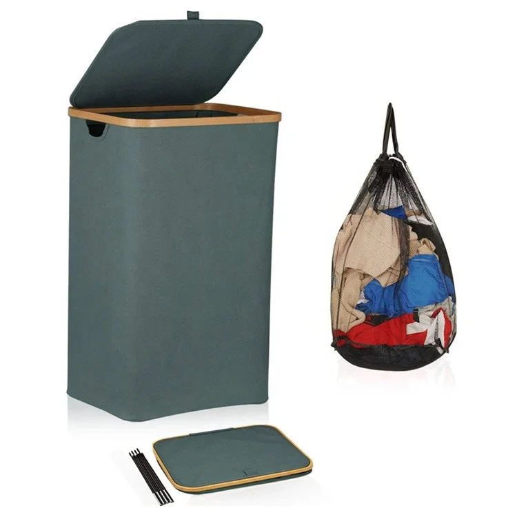 Large Foldable Bamboo Laundry Basket with Lid and Removable Bag