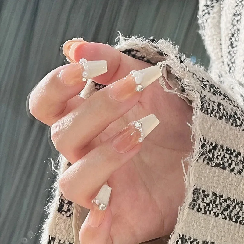 2023 New Short Square Nails French White Fake Handmade Gel Press On Nails Cute Handmade Press Ons False Acrylic For Nail