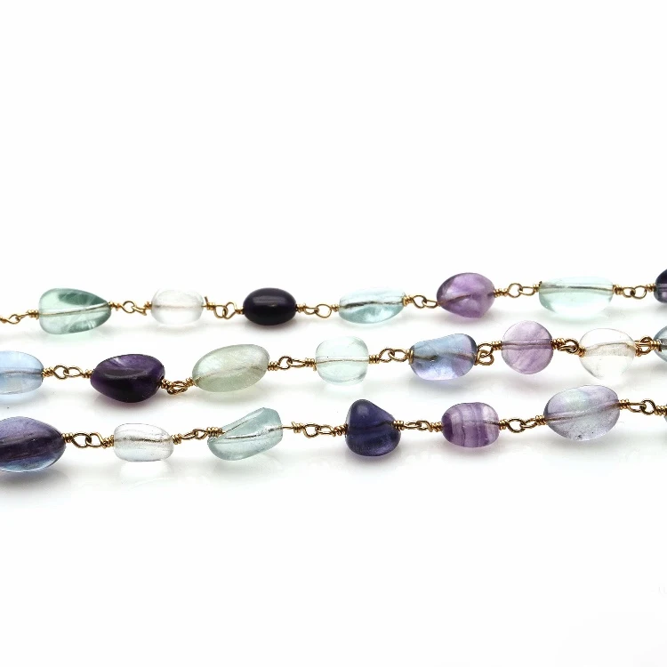 LS-D1515 Wholesale fluorite smooth gemstone beads rosary chain gold plated DIY jewelry making 6--10mm size beads