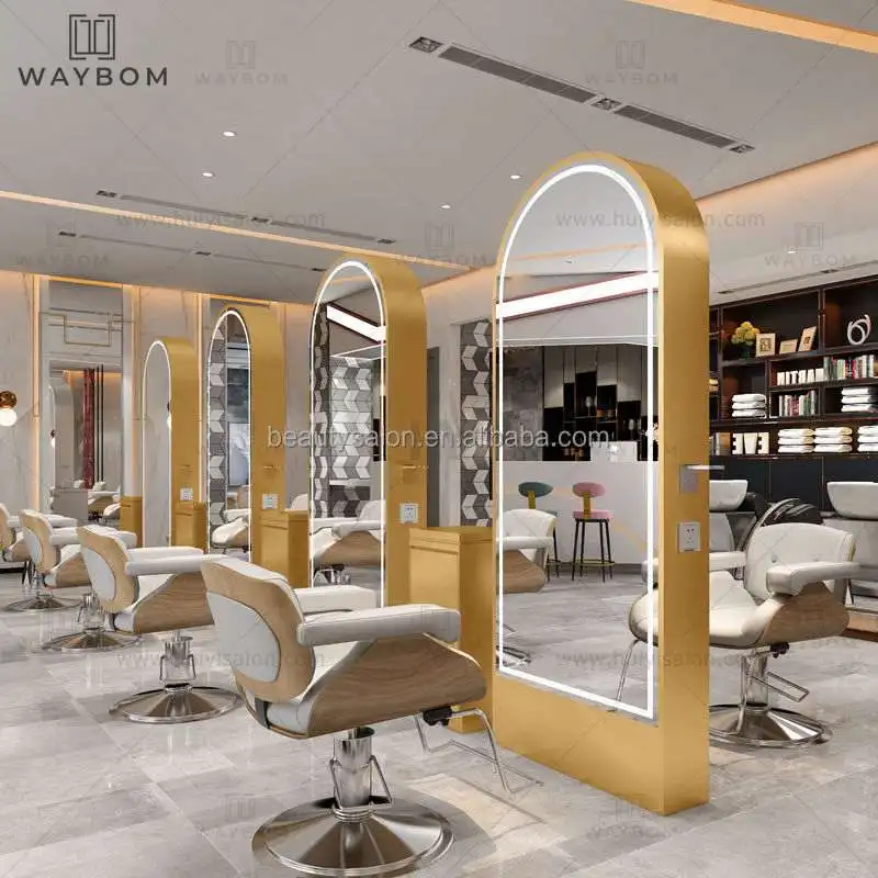 pink metal hair salon mirror station barber stations furniture large mirror salon stylish  led mirror for beauty salon