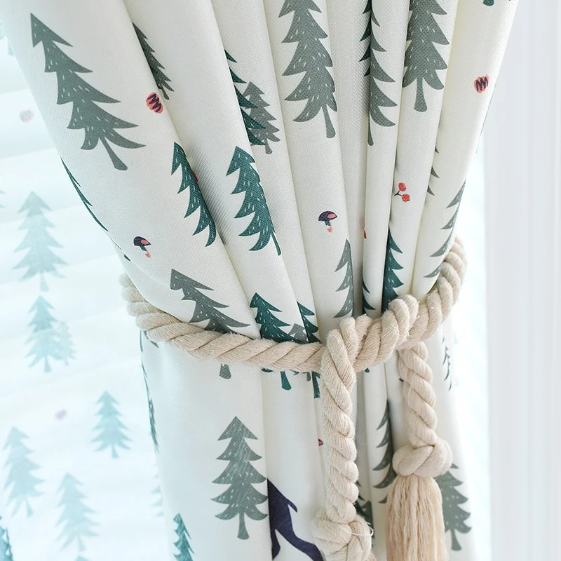 Nordic Style Christmas Milu Deer Animal And Pine Trees Print Bedroom Curtains Cartoon Plant Printed blackout thick Curtain