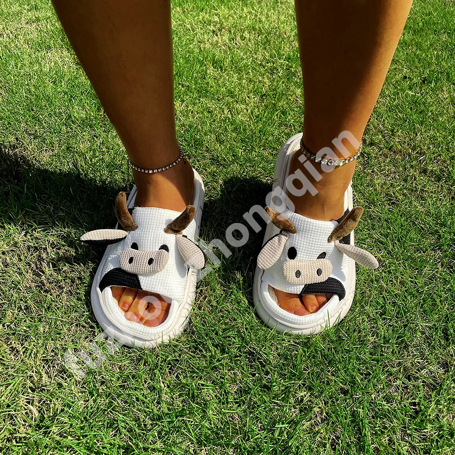 Summer Indoor Home Home Soft Bottom Linen Insole Slippers Non-slip Flat Cute Cartoon Cow Slippers for Women Gril Lady