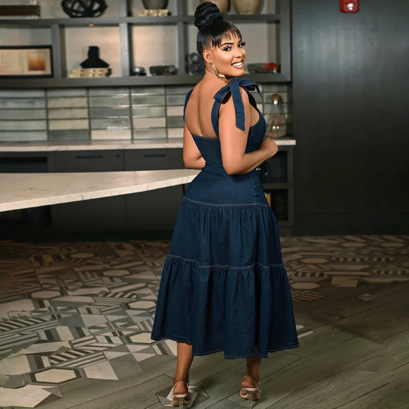 21838 Plus Size 5Xl Blue Denim Sleeveless Casual Loose A-Line Maxi Dress Summer High Quality Tank Top Maxi Dress