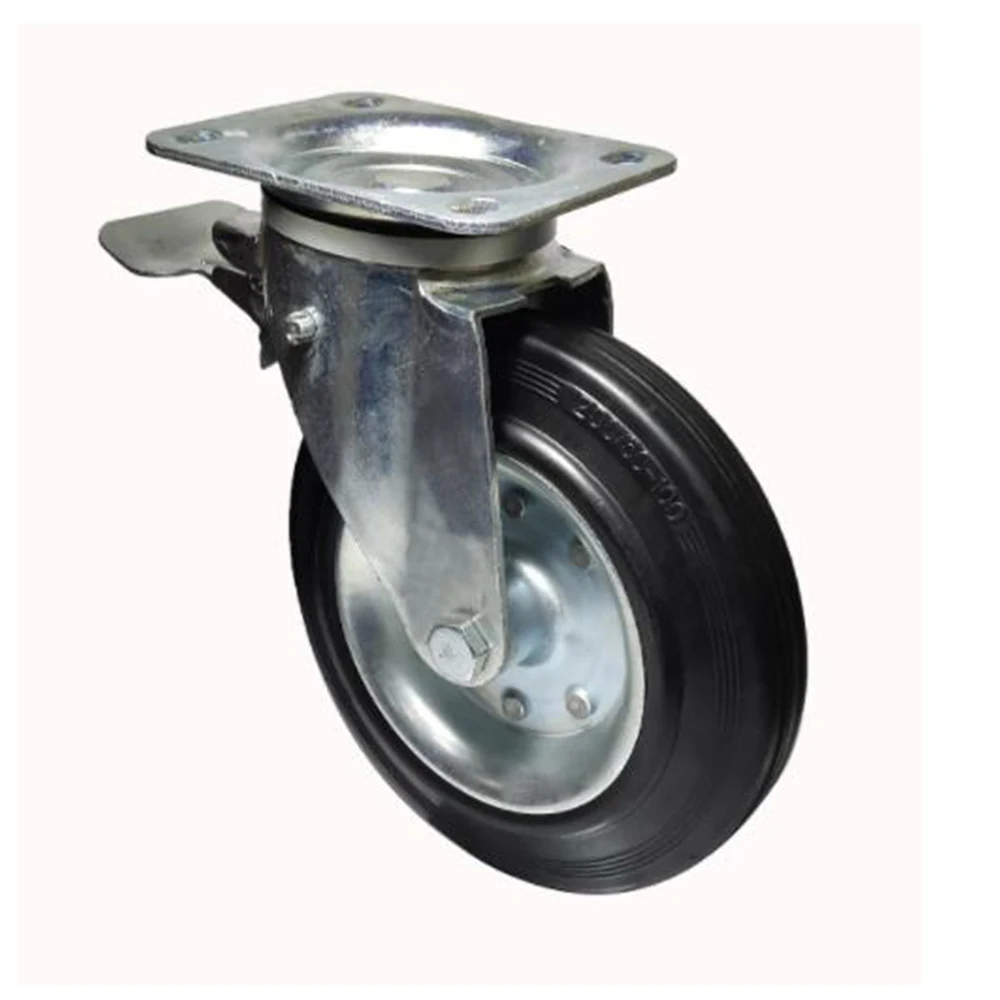 Factory Direct 150 200 mm Black Hard Solid Rubber swivel caster wheel with Steel disc core Trash bin Caster for wire mesh trolle