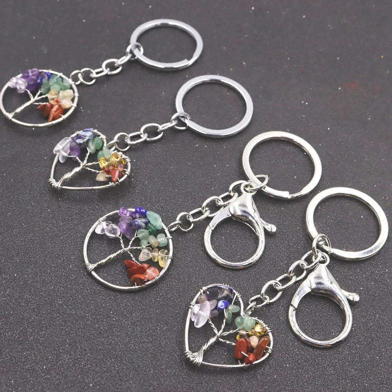 Natural Healing 7 Chakra Stone Gemstone Tree Of Life Keychain Key Ring Key Holder Charm For Women