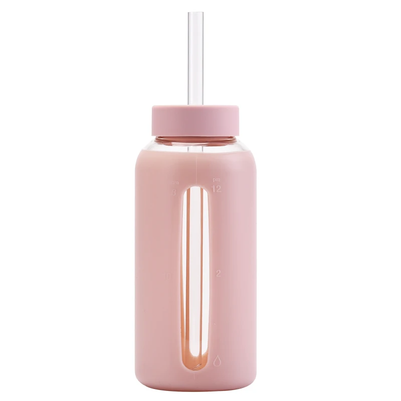 Glass Water Bottle with Time Marker, Water Bottle with Silicone Sleeve and Straw, Reusable Glass Water Drinking Bottles