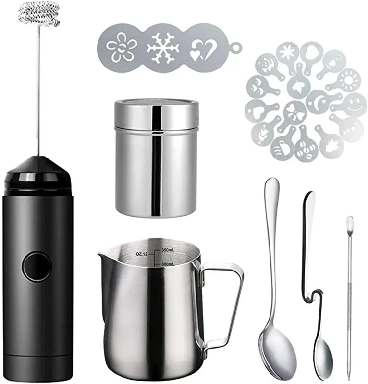 Milk Frother Handheld Coffee Art Set with Pitcher Powder Cocoa Shaker Latte Art Pen Coffee tea Stencils Coffee Spoons