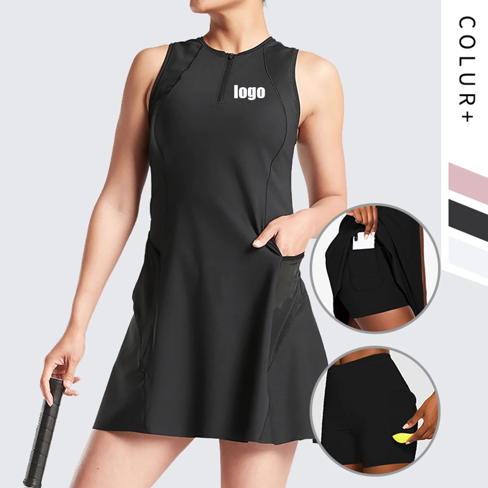 Custom Logo Private Label Blank Sleeveless Sport Breathable Front Quarter Zipper Two Side Pocket Women Tennis Golf Dress