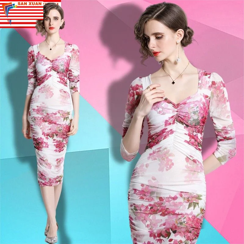 2023 new arrivals woman clothes wholesale fashion apparel elegant floral casual dresses V-neck puff sleeves mesh wrap hips