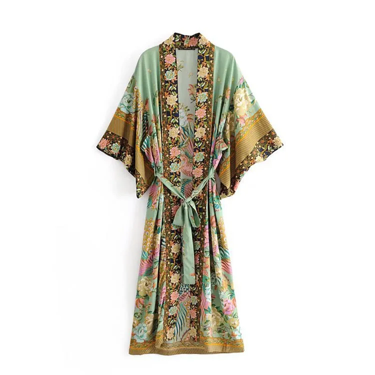 New Fashion Phoenix Flower Print Draped Sweater Mid-length Women Cotton Kimono Cover Up