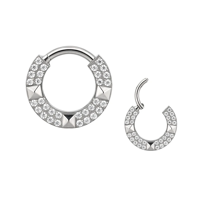 GZN ASTM F136 Titanium Segment Hinged Septum Clicker With CZ and 3 Front Facing 3D Diamonds Nose Rings Hoop Piercing Jewelry