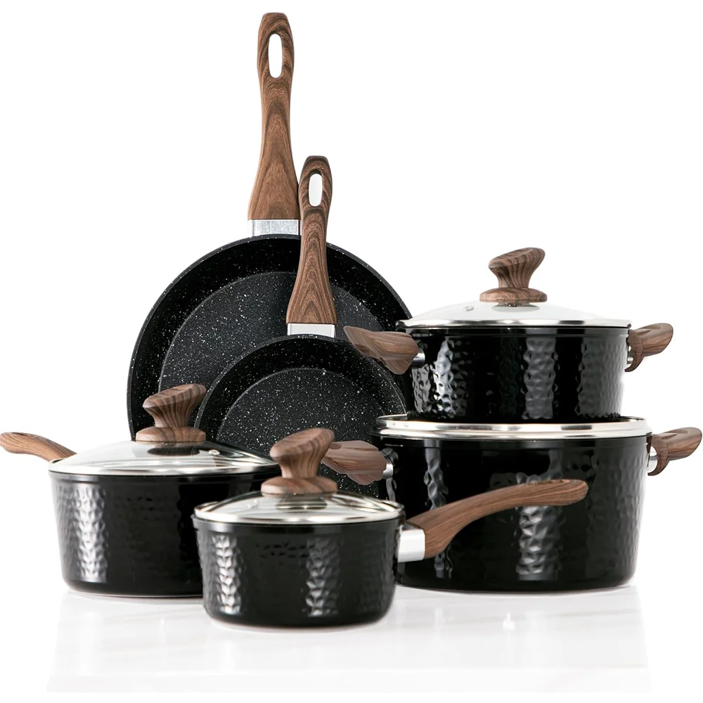 MYH Induction Cookware Sets-15 Pcs Black Aluminum Cooking Pans and Pots Set  Healthy Granite Nonstick for All Top-stove