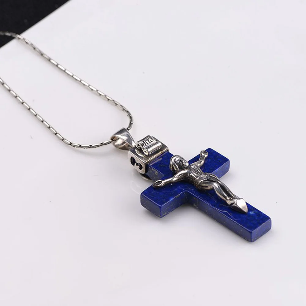 Real Pure 925 Sterling Silver Crucifix Jesus Piece Pendant For Men Women With Natural Lapis Lazuli Stone Antique Holy Jewelry
