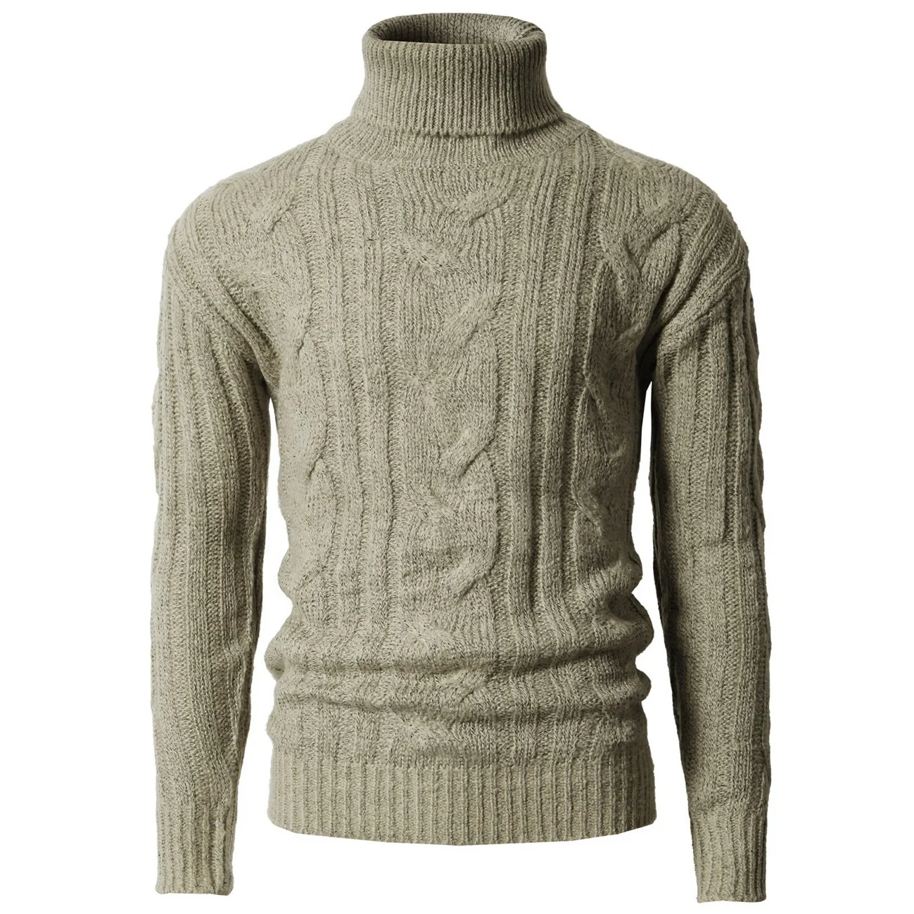 Custom Wool Blend Cashmere Thick Men Sweater With Cable Knit High Neck Winter Ribbed Knitted Turtle Neck Pullover Sweater