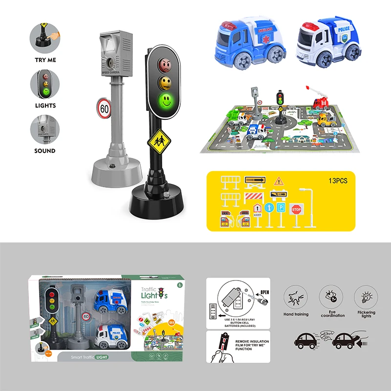 Kids Interactive Learning Push and Go Car Toys Traffic Sign Toy Police Car Set with Play Mat