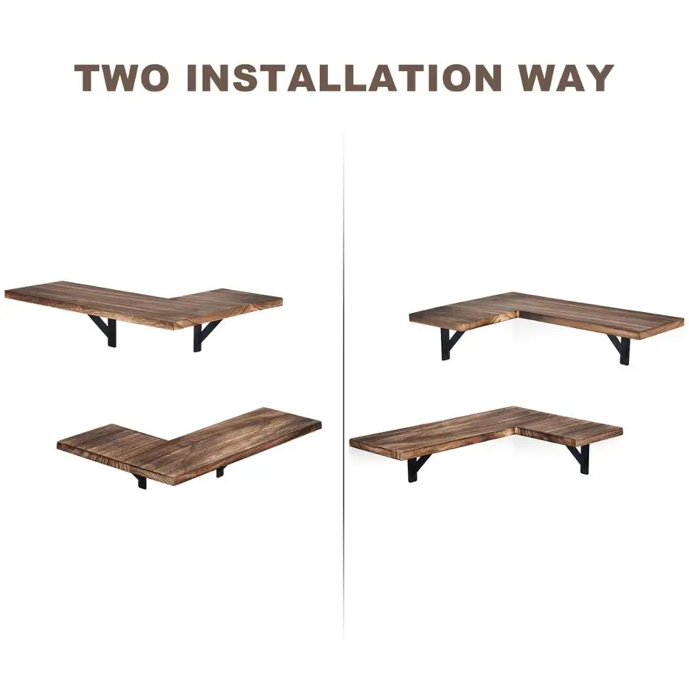 Угловые настенные полки, деревенские деревянные Угловые плавающие полки для спальни, гостиной, ванной комнаты, кухни, набор из 2 черных карбонизированных полок