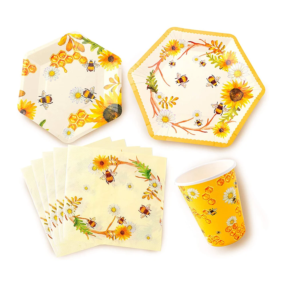 Bumble Party Decorations Dinner Plates Dessert Plates Cups Napkins Bee Sunflower Yellow Paper Plates