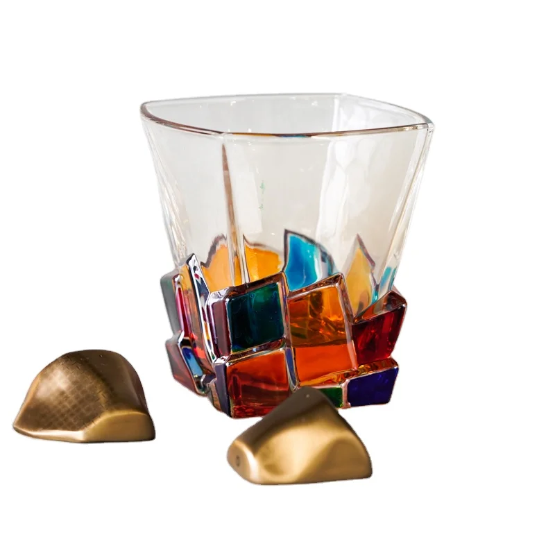 Hand Drawn Old Fashion Venetian Wine Rocks Glasses Colored Whiskey Square Rocking Glass