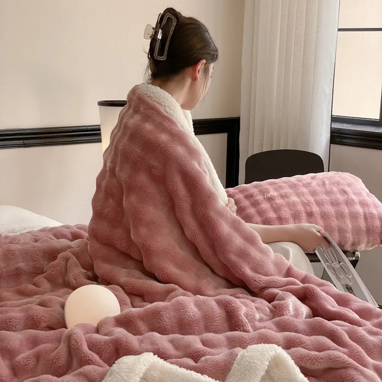 Double thick warm bubble rabbit fleece blanket