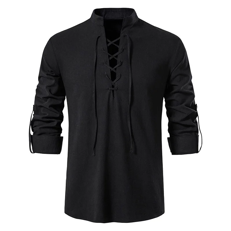 Hot Sale Premium Quality Men Summer Casual Shirt Henry Shirt Drawstring Retro Short Sleeve Shirt