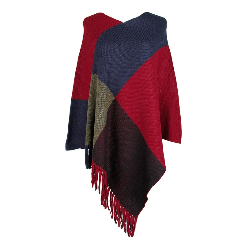 
2021 Autumn and Winter new womens color blocking tassel knit coat shawls 