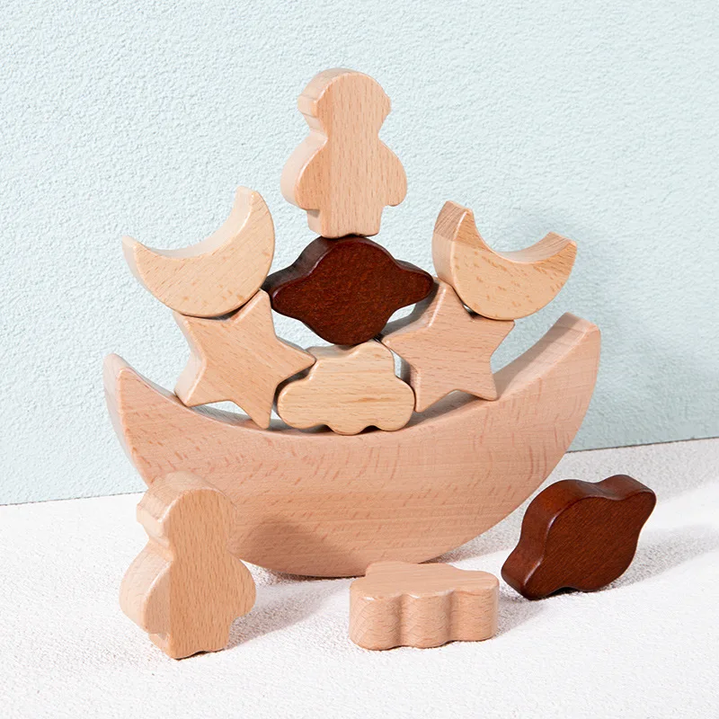 Eco-friendly Solid Wood  Montessori  Stars Moon Stacked Blocks Balance Building Blocks Educational Toy for Toddlers